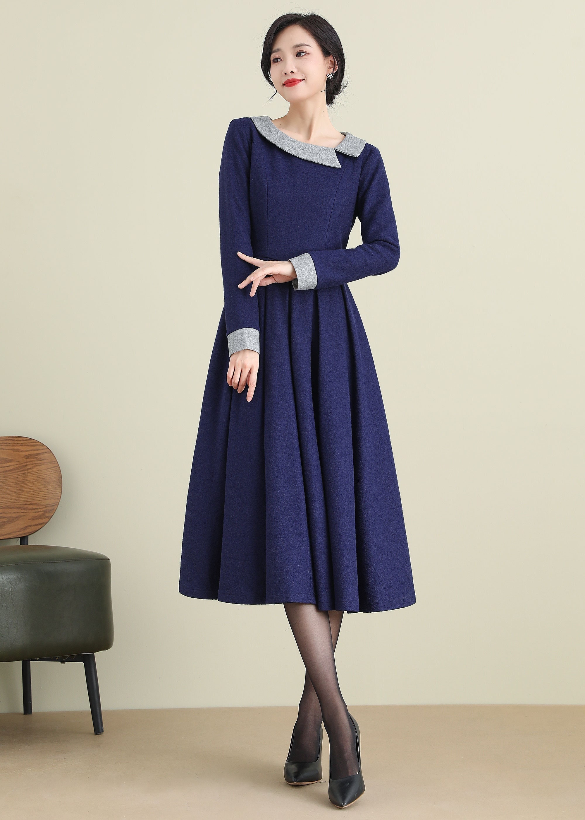 Midi Dress, Wool Dress, A-line Wool Dress, Navy Blue Dress