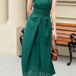 Summer Linen Dress, Green Sleeveless dress, Casual Linen Midi Dress, Belted Linen dress with pockets, Plus size dress, custom dress 4968 image 5