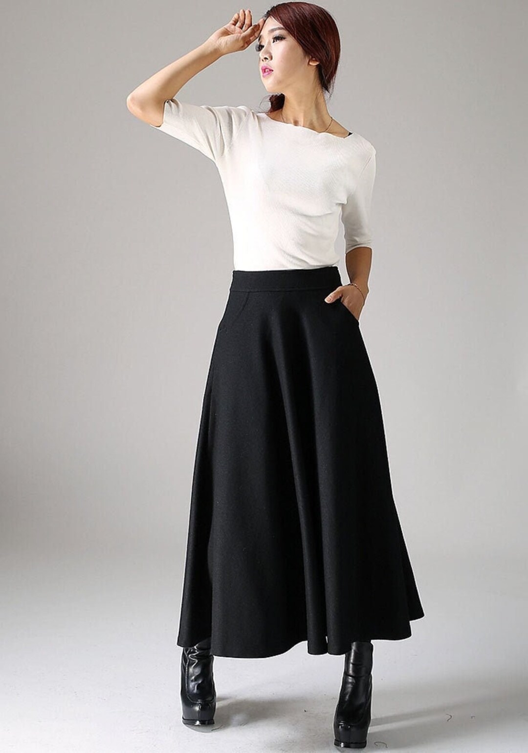 Long Wool Skirt, Black Wool Skirt, A Line Skirt, Vintage