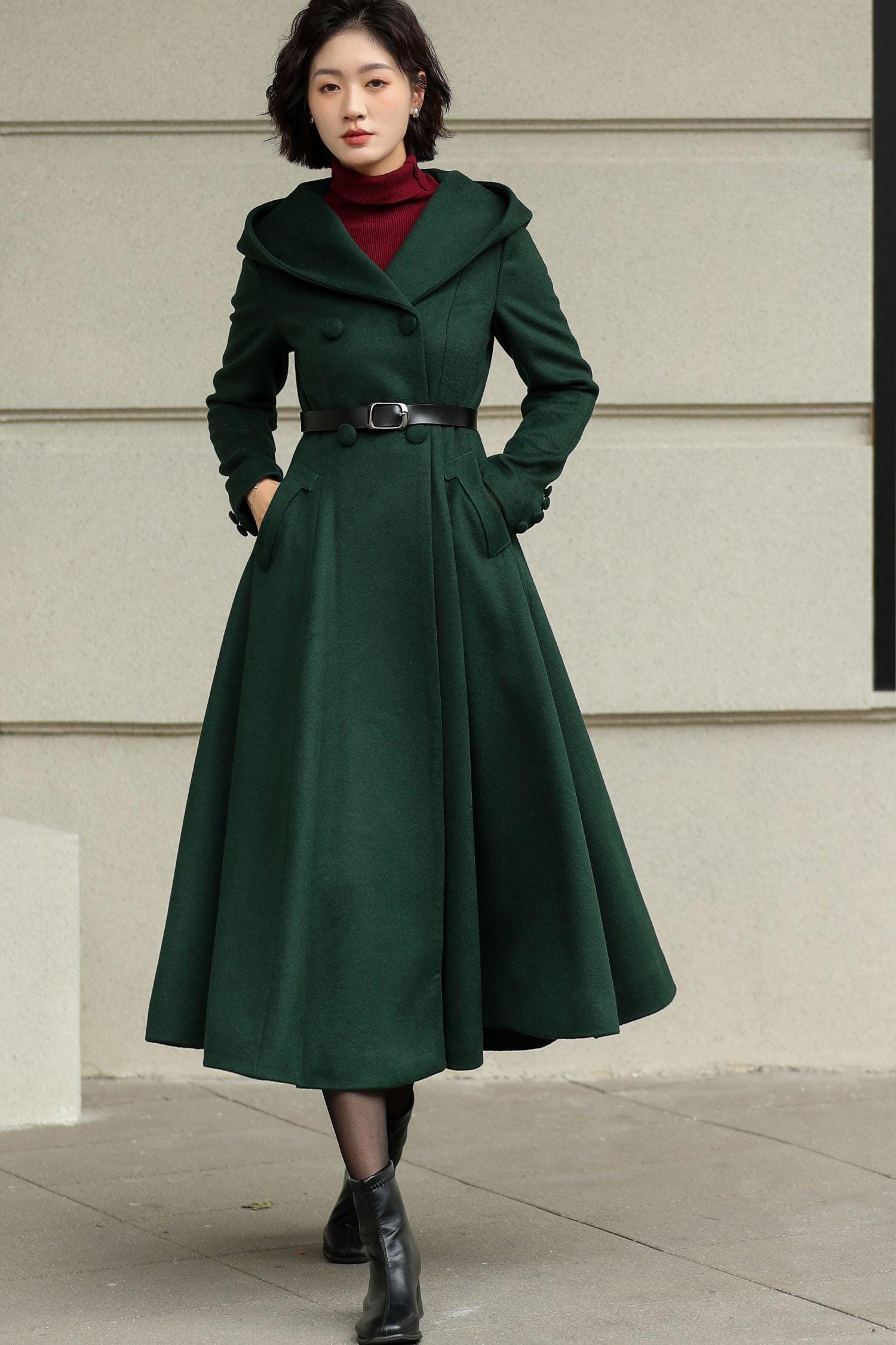 美品　kirov　DOUBLE BELTS CHESTER COAT　緑　1　S Dark Green Hooded Wool Coat: Fit and Flare Mid-calf Swing Coat