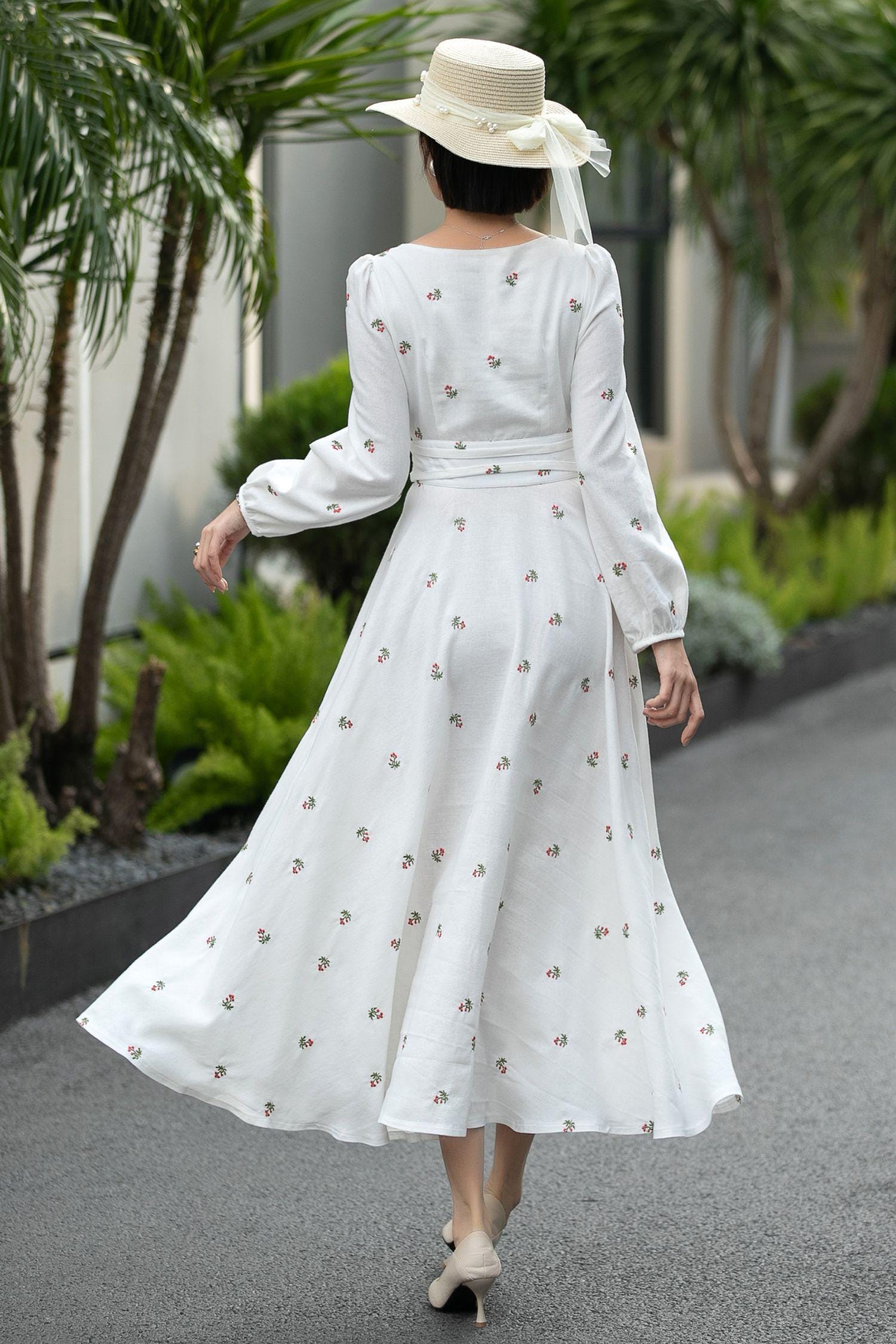Floral Linen Midi Dress - White Cotton Blend A-Line Spring Dress, Custom, Xiaolizi 6661# Floral Linen Midi Dress - White Cotton Blend A-Line Spring Dress, Custom, Xiaolizi 6661#