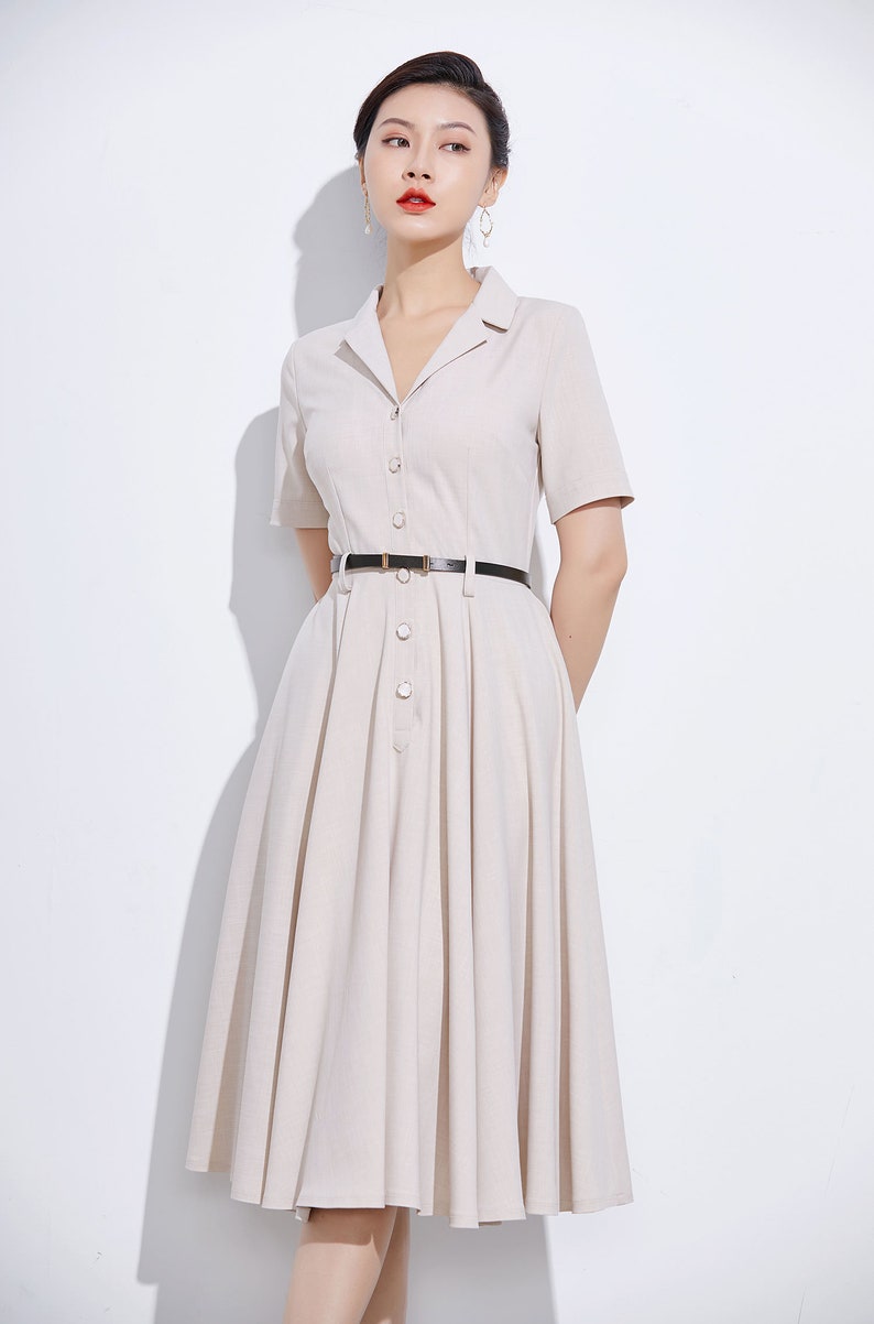 Vintage Inspired Swing Midi Dress Women, Fit and Flare Dress, 50s Work Dress, Short sleeve Button up Long Dress, Custom party dress 2318 image 3