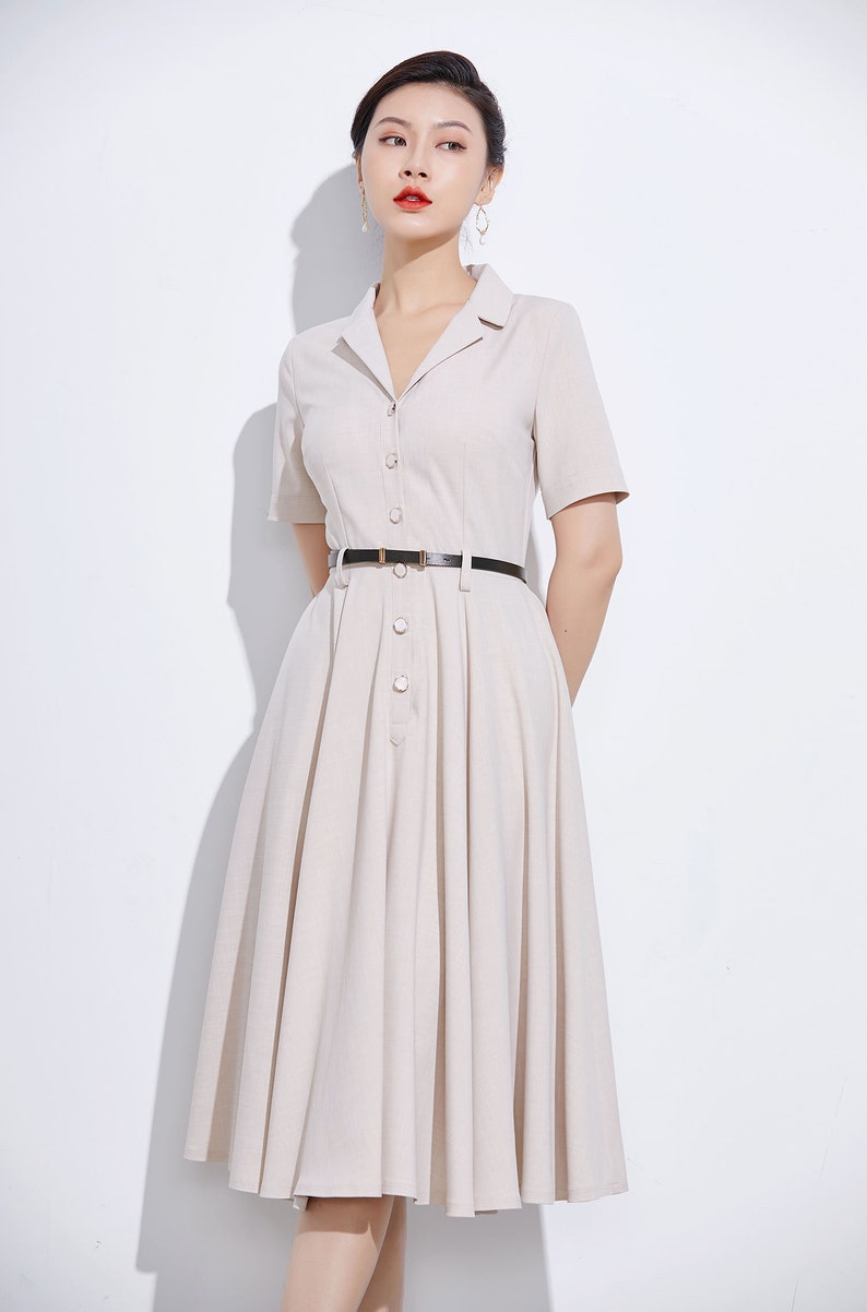 Vintage Inspired Swing Midi Dress Women, Fit and Flare Dress, 50s Work Dress, Short sleeve Button up Long Dress, Custom party dress 2318 zdjęcie 3