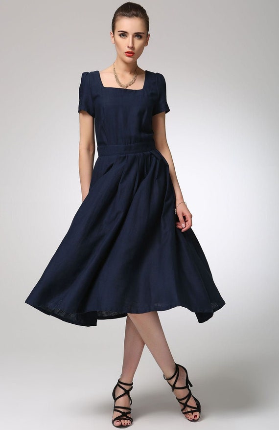linen square neck dress