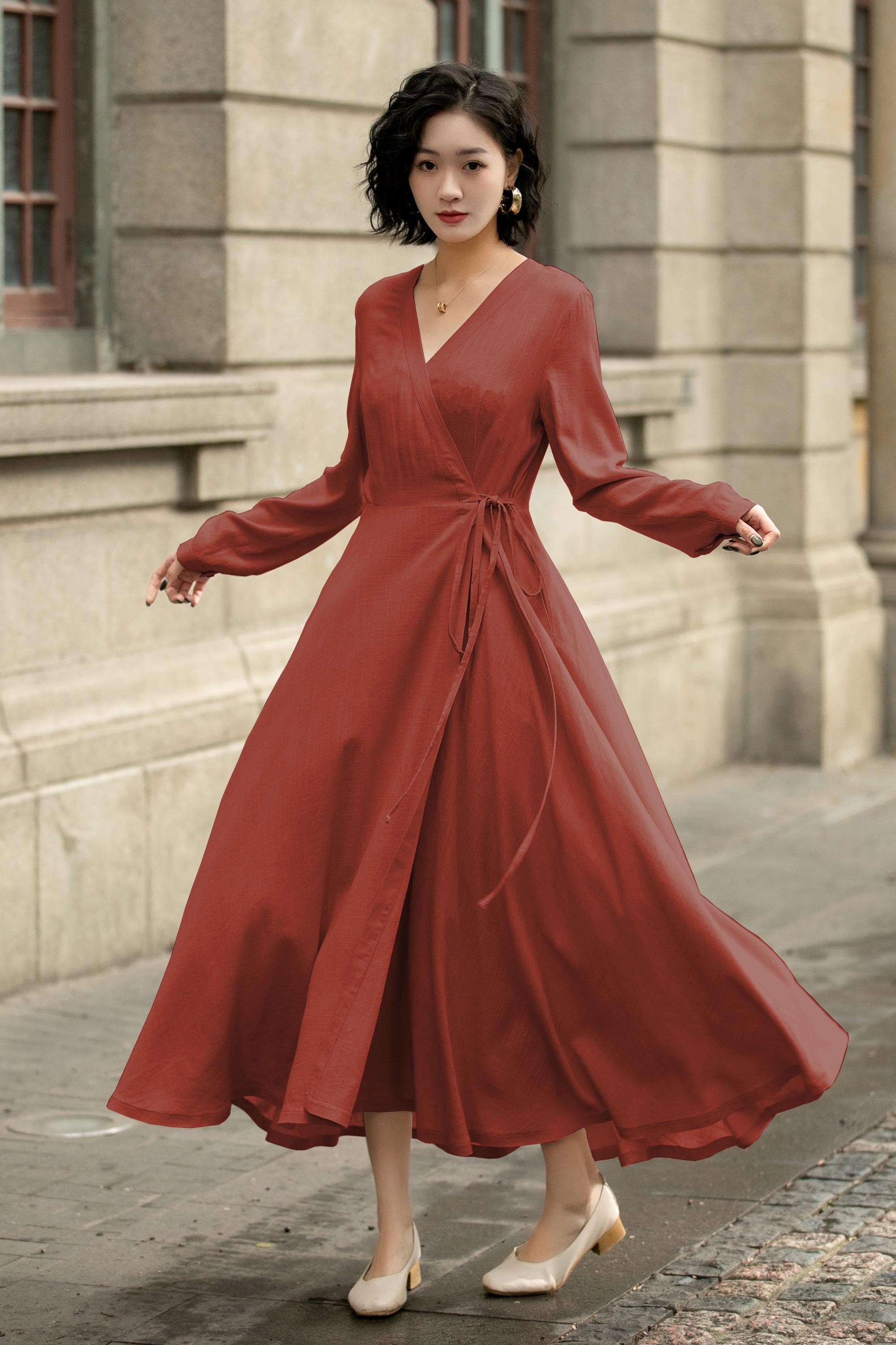 long sleeve flowy wrap dress Heavy Linen Midi Dress, Fall Linen Dress for Women, Linen Wrap Dress, Flowy Dress, Cottagecore Dress, Linen Clothing, Long Sleeve Wrap Dress, 3XL / main image 1