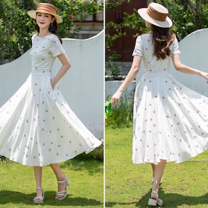 Family wedding dress, Linen dress, Short sleeve floral Linen midi dress, Fit and Flare Dress, Womens Swing Linen Dress with Pockets 4404#