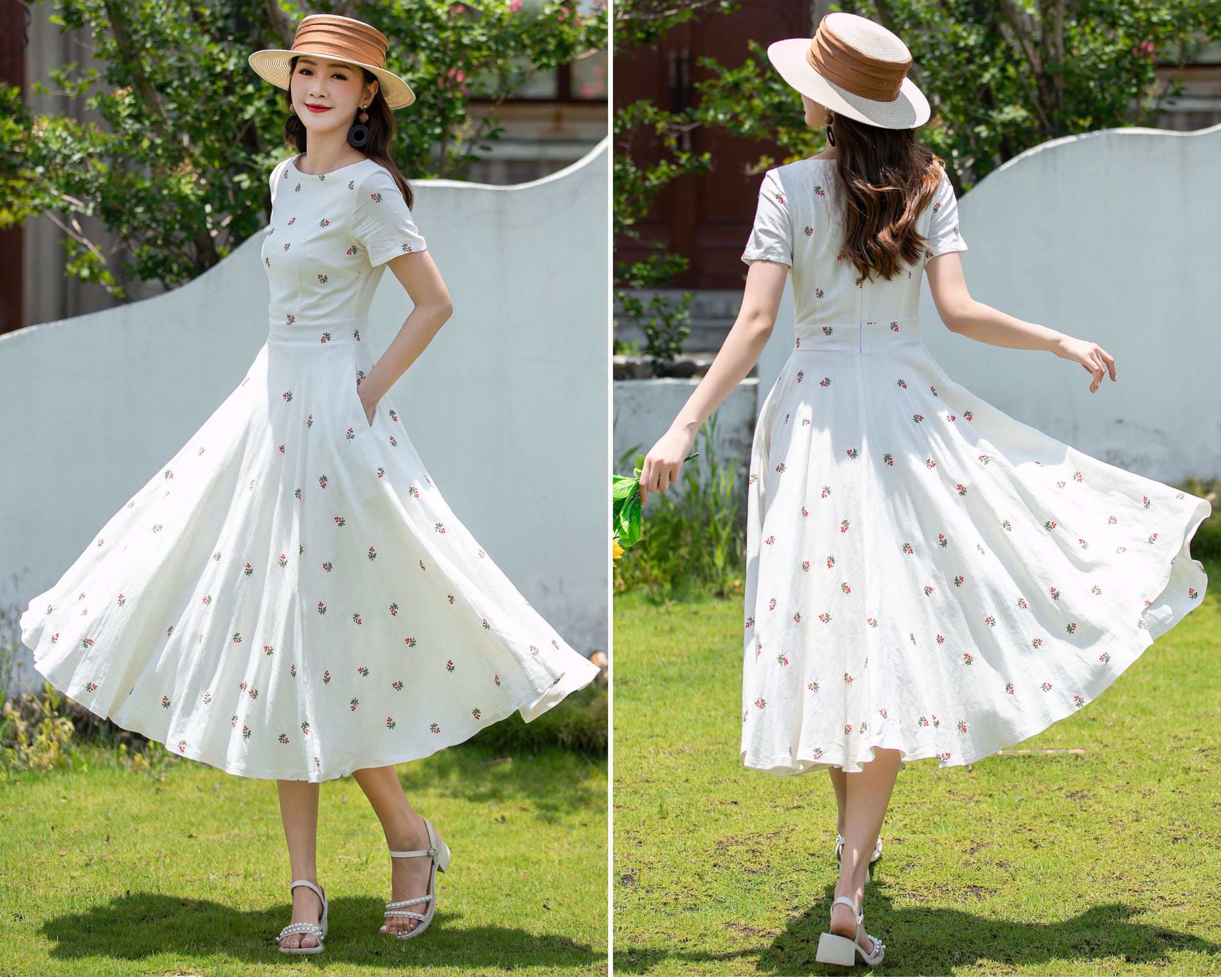 Family wedding dress, Linen dress, Short sleeve floral Linen midi dress, Fit and Flare Dress, Womens Swing Linen Dress with Pockets 4404#