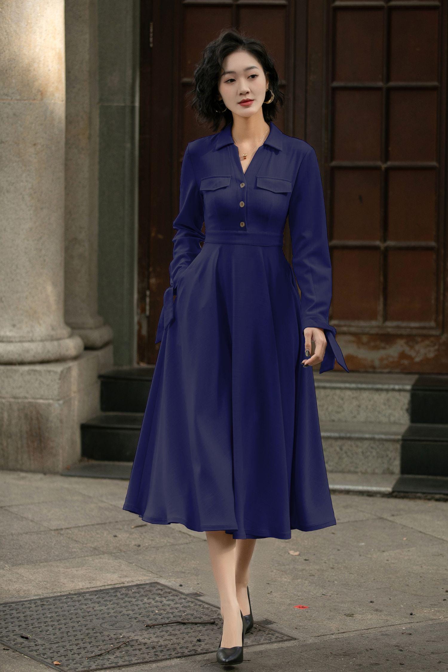 Fall Autumn Women's Workwear Dress, Semi-Formal Midi Shirt Dress with Sleeves, Fit and Flare Dress, Sheath Dress with Pockets, Xiaolizi 6286