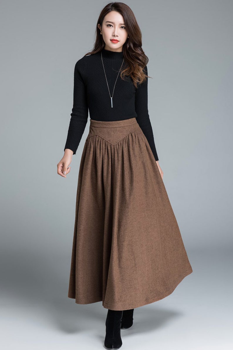 Vintage Inspired Long Wool skirt, Wool skirt women, High waist wool skirt, Winter wool skirt in brown, pleated wool skirt, Mod clothing 1642 image 2