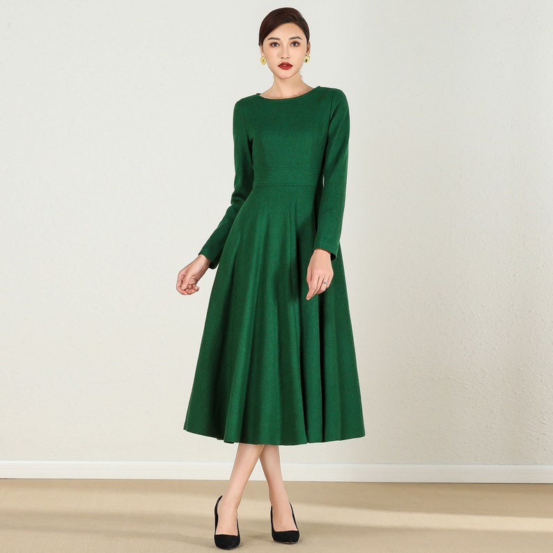 Green Wool Dress Fit&flare Wool Dress Swing Dress Etsy