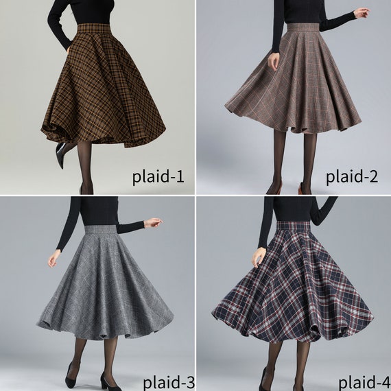 Midi Wool Plaid Skirt, Swing Wool Skirt, Wool Circle Skirt