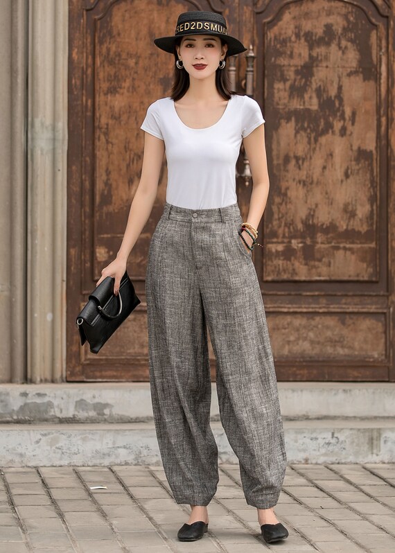 Loose Long Linen Pants in Gray Casual Baggy Harem Pants Harem