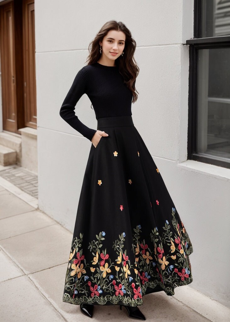 Black Maxi Embroidered Wool Skirt 4664 Black Maxi Embroidered Wool Skirt 4664