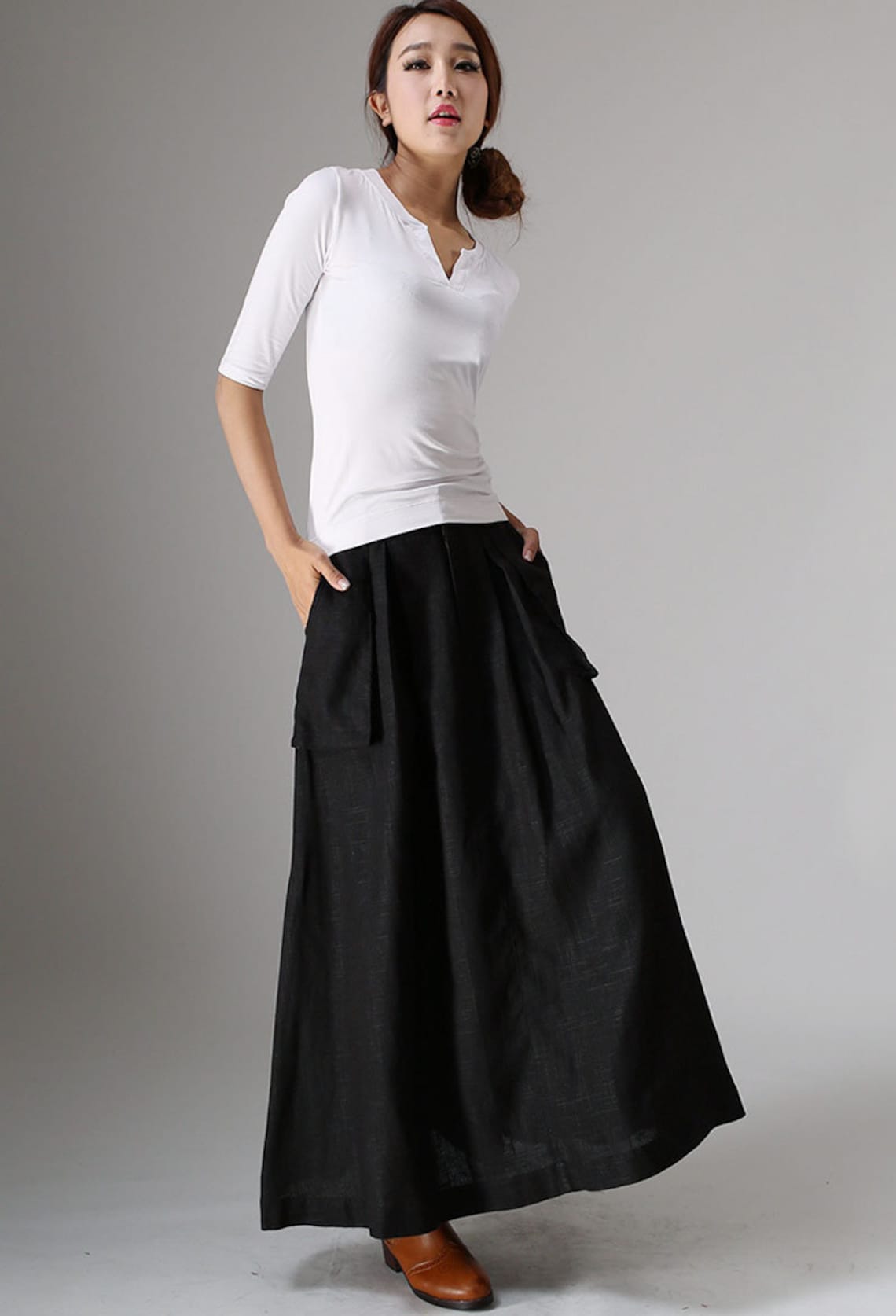 Long black A line skirt pockets skirts linen skirt womens Etsy