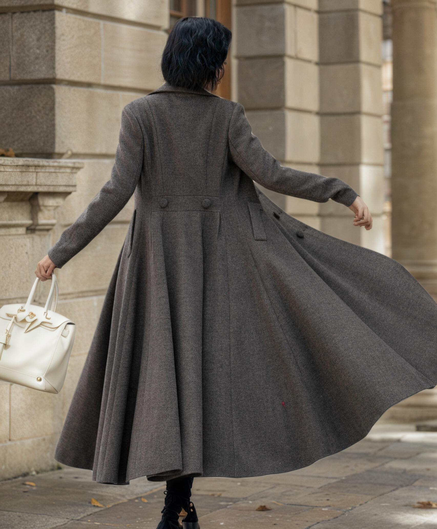 Brown Wool Blend Maxi Coat for Women, Stylish Double-breasted