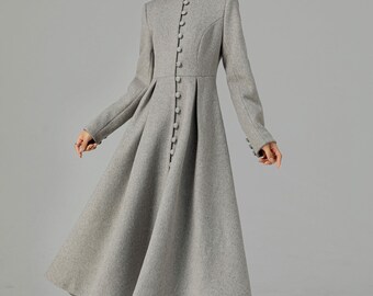 Long Wool Coat, Grey Wool Coat, Single Breasted Wool Coat, A