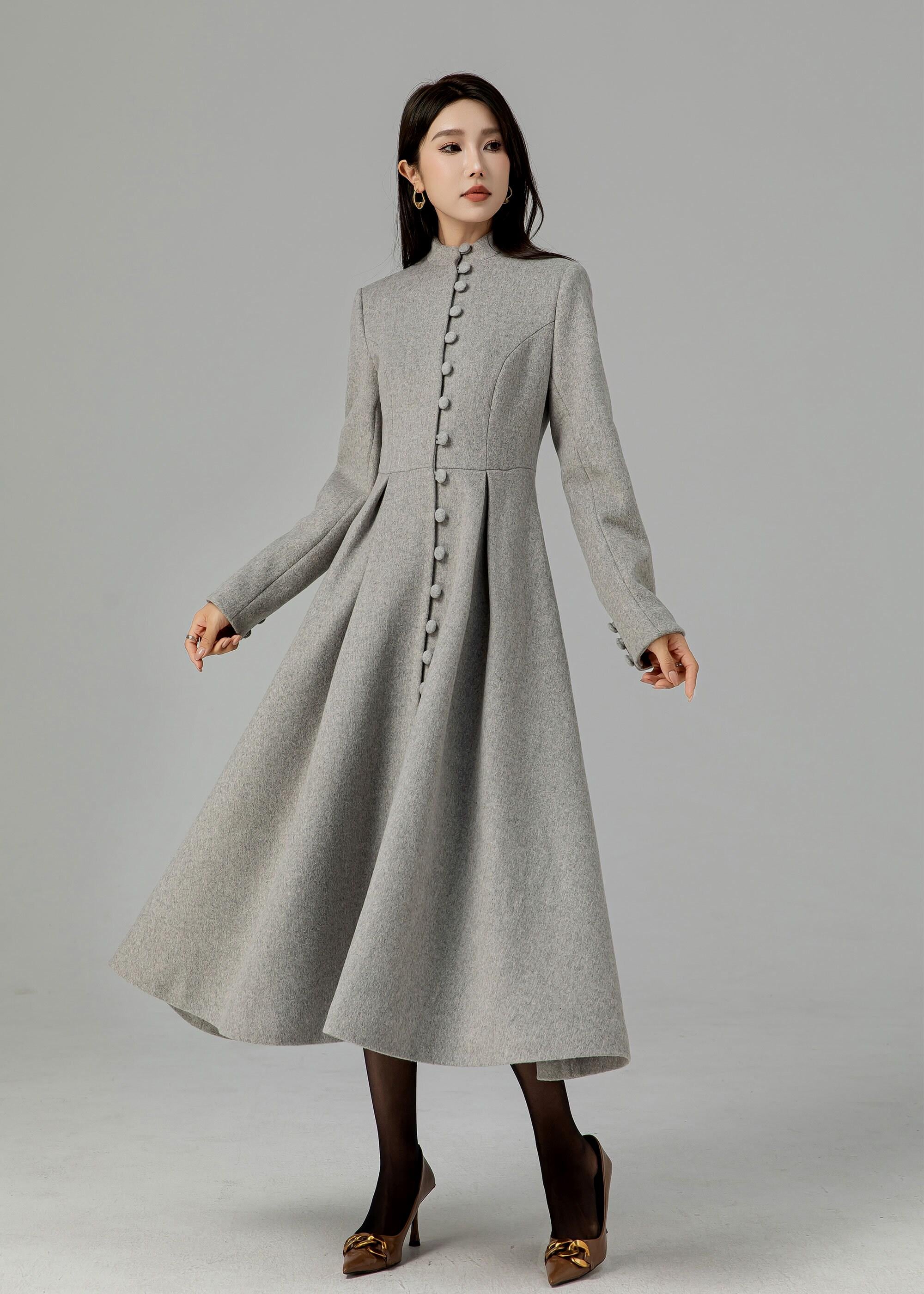 Long Wool Coat, Grey Wool Coat, Single Breasted Wool Coat, A