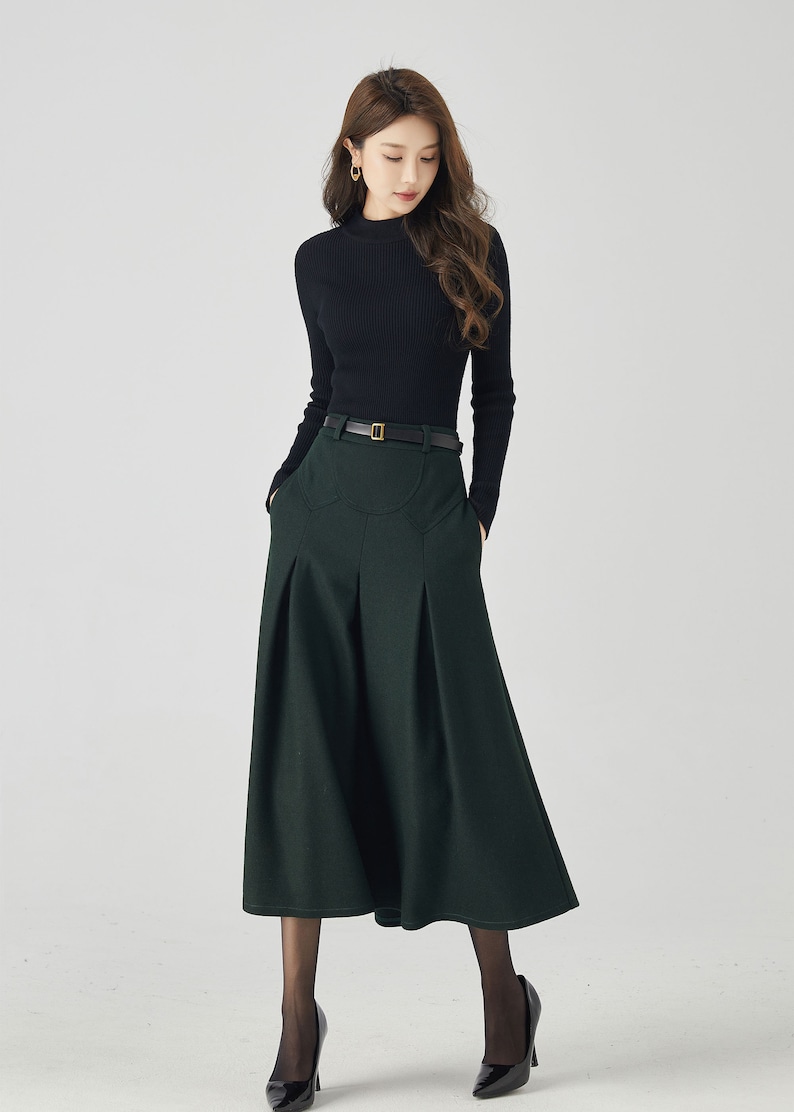 Midi Wool Skirt, Pleated Wool Skirt, Dark Green Skirt with Pockets, Womens Swing Skirt, Autumn Winter Skirt, Custom Skirt, Xiaolizi 4532 image 3