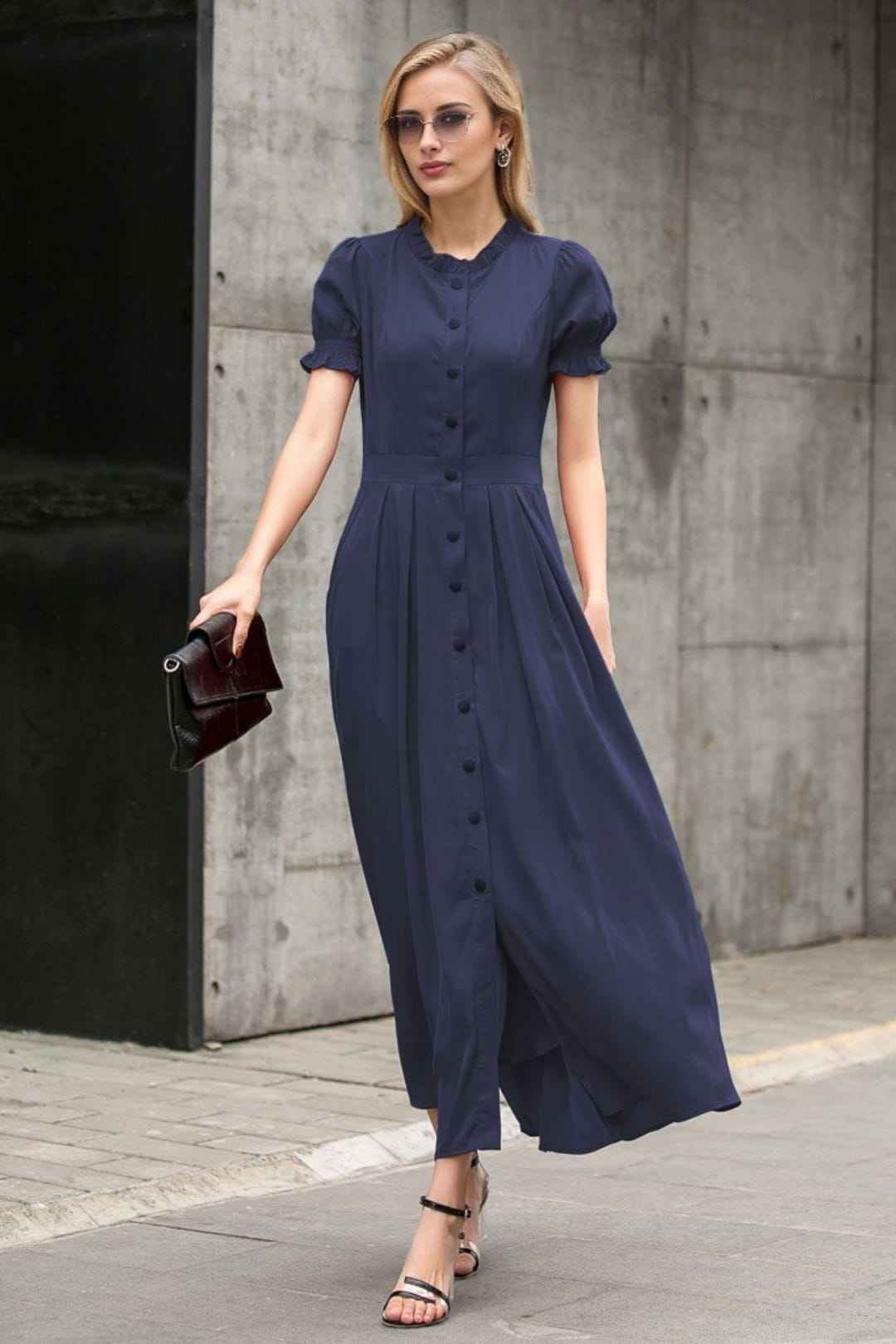 Navy Blue Maxi Shirt Dress, Womens Long Swing Dress, A Line Modest