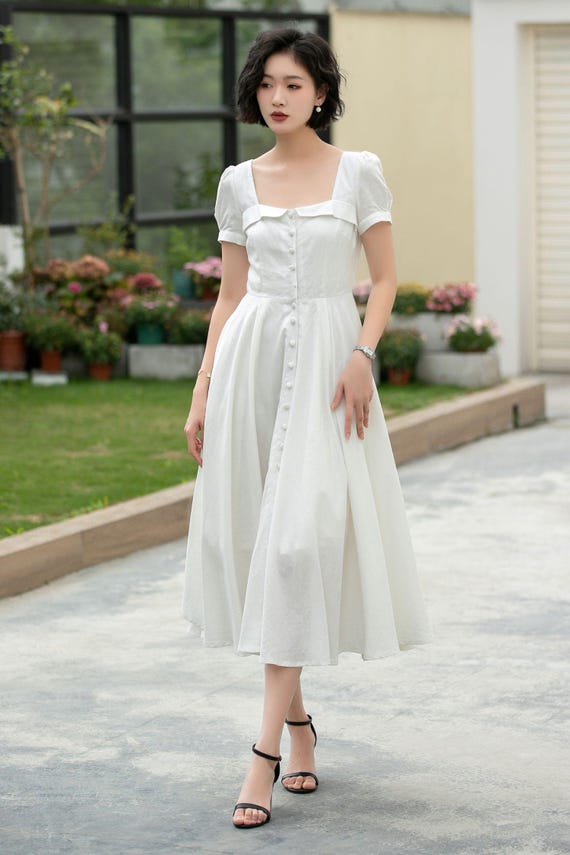 button front white midi dress Linen Autumn Midi Dress