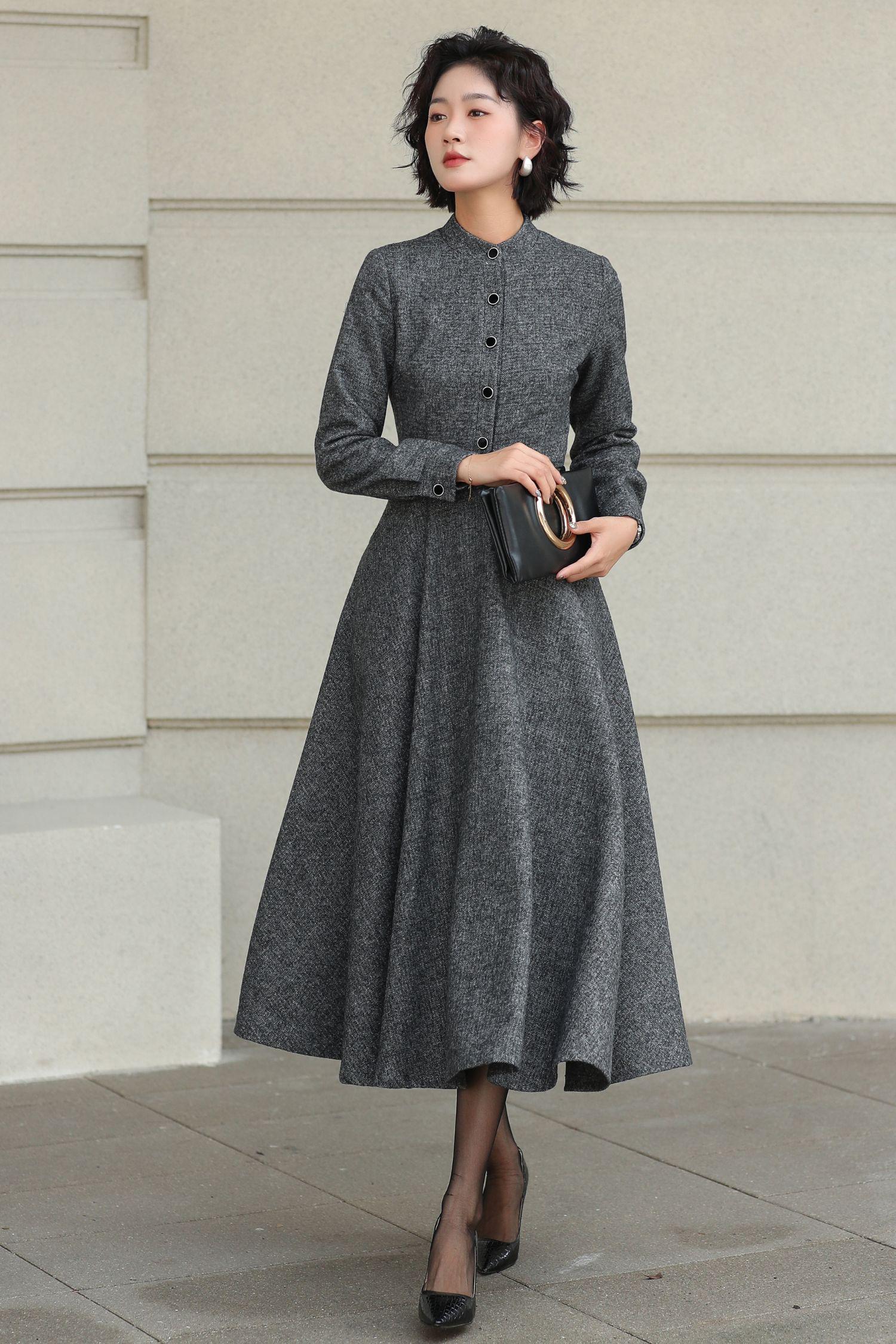 Wool A-line Midi Dress: Gray Belted Vintage Style, Custom