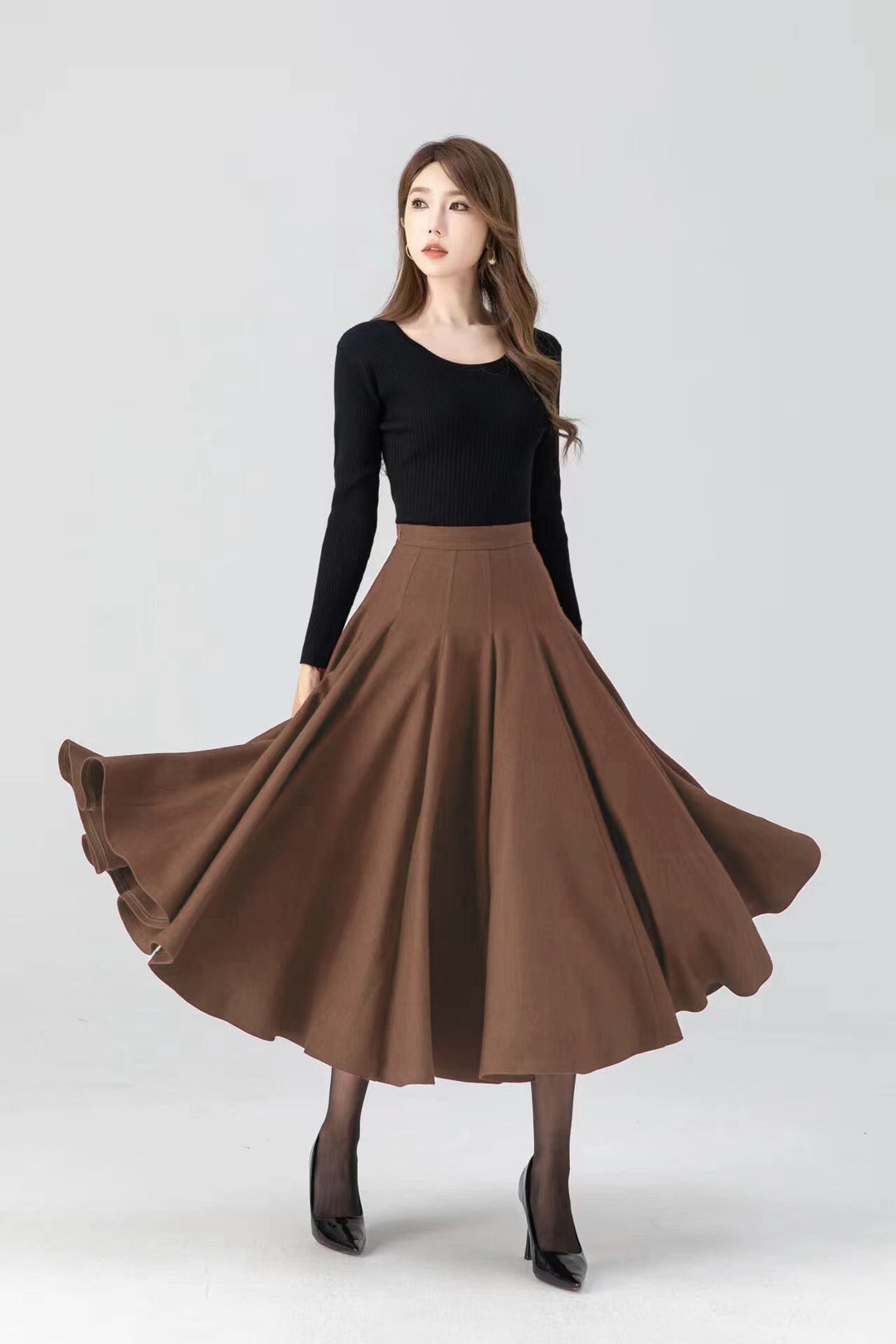 Wool Skirt, Midi Wool Skirt, Brown Wool Skirt, Swing Wool Skirt