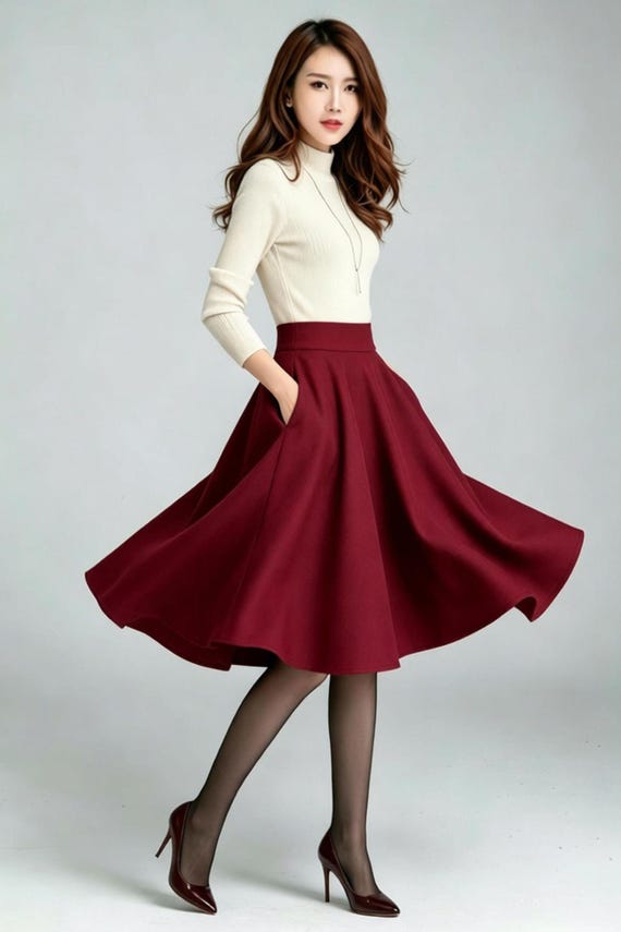 Burgundy Wool Midi Skirt, High Waist Circle Skirt, Vintage-Inspired Women Swing Skirt, Winter Skater Skirt, Custom, Xiaolizi 6894