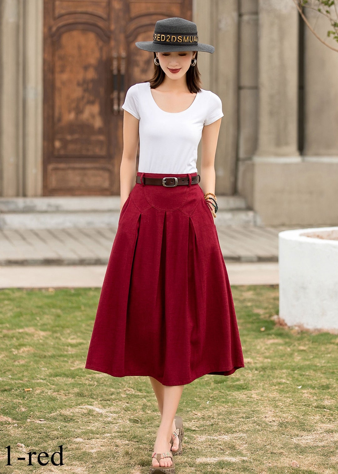 Red Linen Midi Skirt for Women, A Line Swing Skirt With Pockets, Plus ...