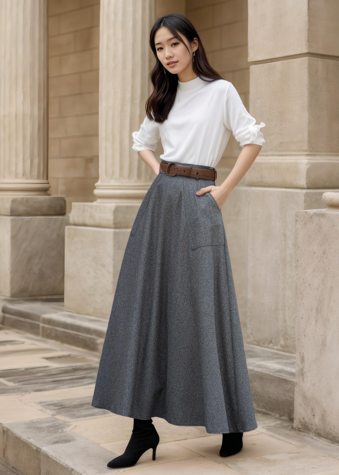 Long Maxi Wool Skirt, Vintage 1950s Elastic Waist Wool Skirt