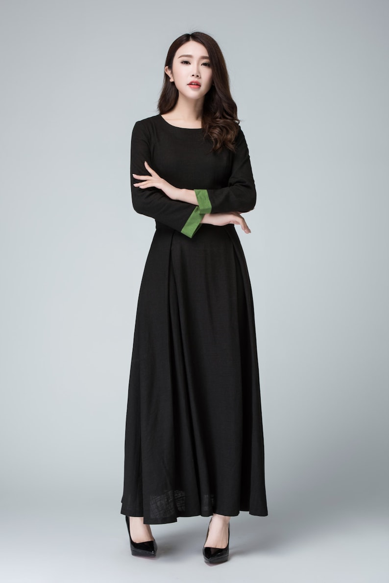 Long Sleeve Maxi dress in Black, Linen dress, Women's dress, Prom dress for women, full length dress, Contract Cuff Long party dress 1450 image 4