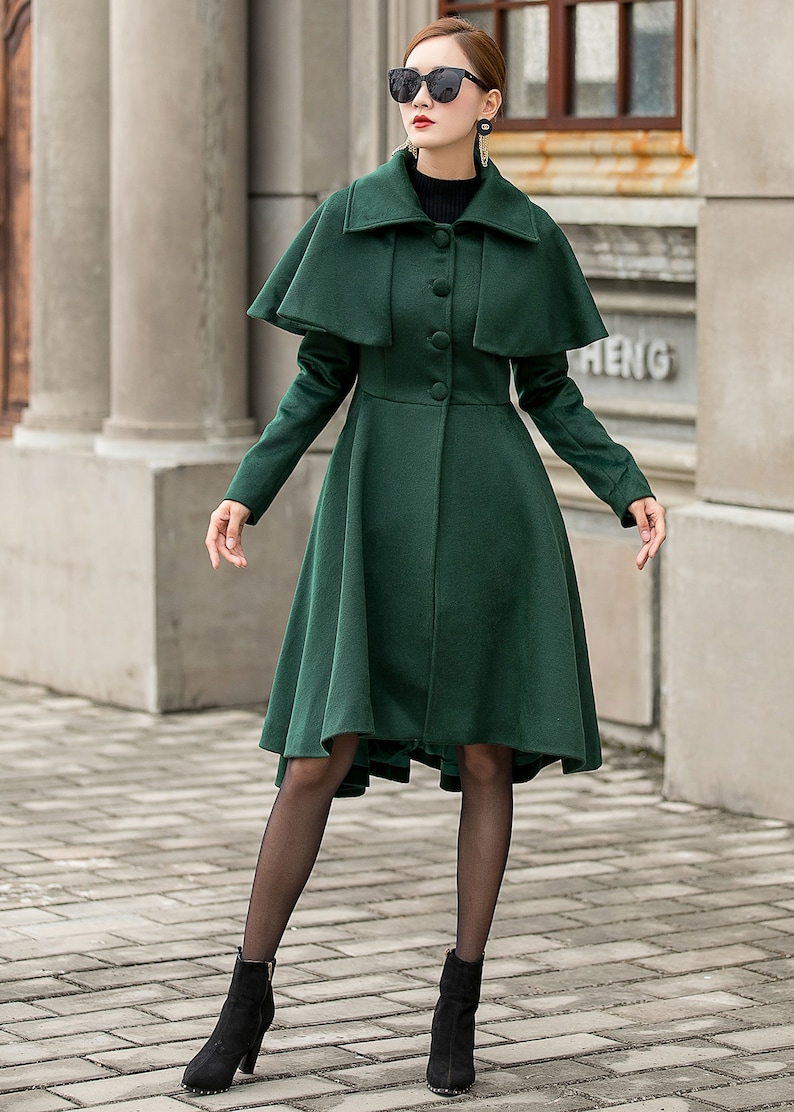 1960s Coats and Jackets     Asymmetrical Princess Coat Victorian Coat Wool Coat Fit and Flare Coat Green Winter Wool Coat Women Swing Wool Cape Coat Xiaolizi 3143#  AT vintagedancer.com