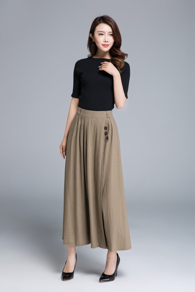 Khaki skirt linen skirt pleated skirt pocket skirt button | Etsy