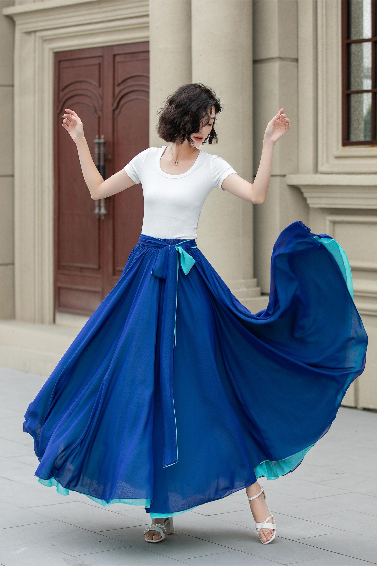Women Chiffon Maxi Skirt, Summer Swing Blue Full Circle