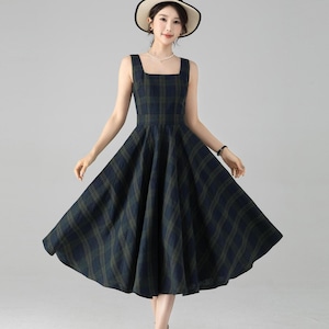 Linen plaid pinafore dress, Midi Summer Womens linen dress with pockets, Fit and flare dress, Retro Linen dress, Custom dress, Xiaolizi 6080