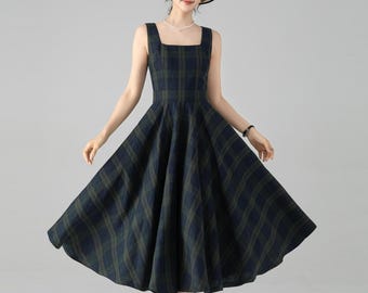 Linen Plaid Pinafore Dress, Fit and Flare Midi Dress, Custom, Xiaolizi 6080