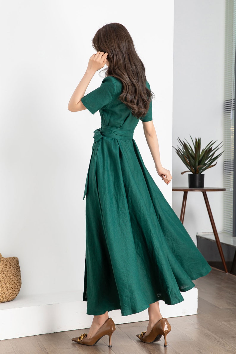 Green Wrap Linen dress, Summer Linen Maxi dress, Womens dress, Long Linen dress, Dress with pockets, Short Sleeve dress, Custom dress 4248 image 7