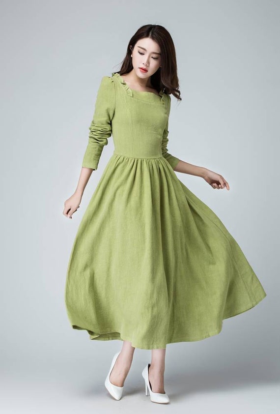 Sage green dress linen maxi dress long dress ruffle dress | Etsy