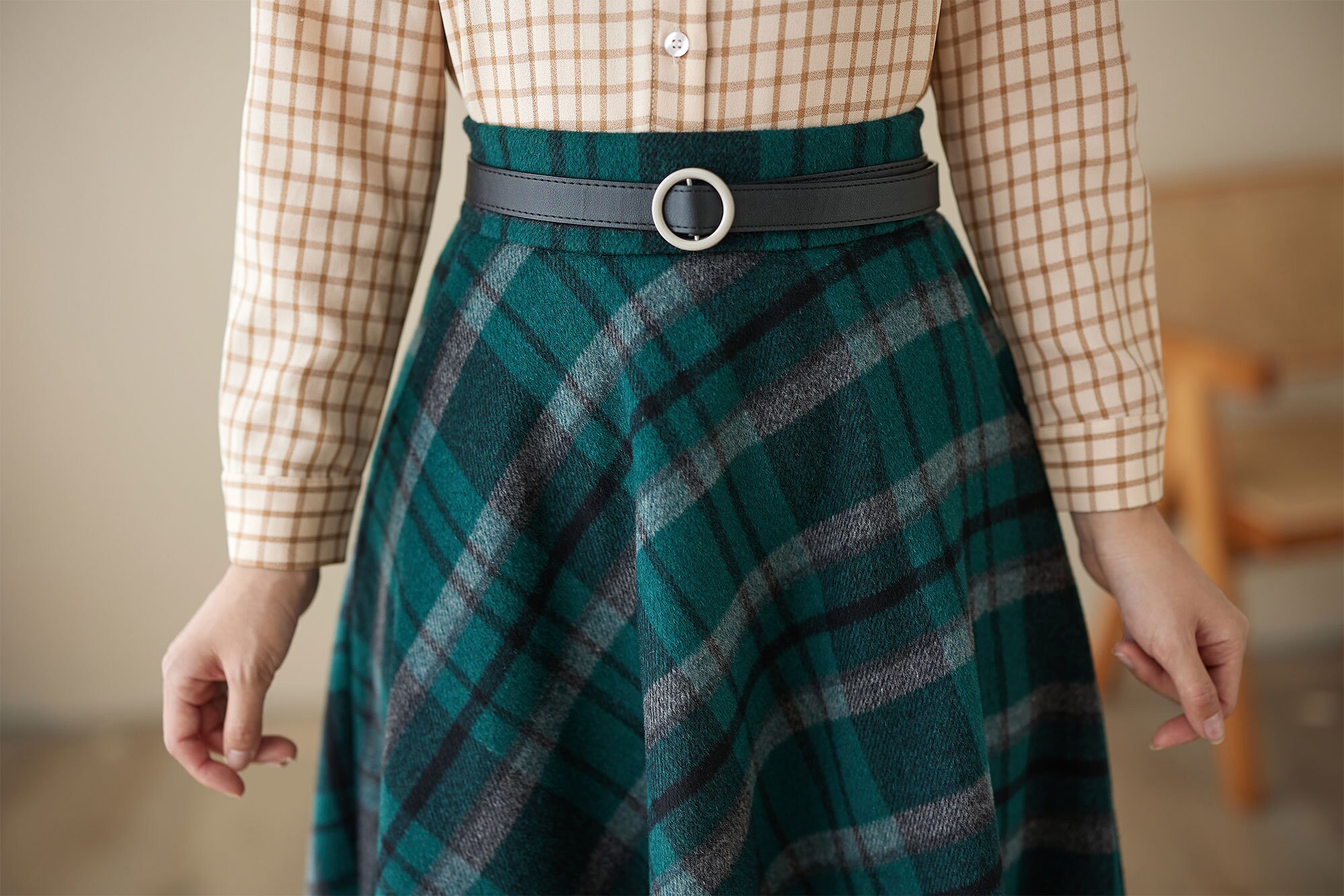 Vintage Inspired Long Wool Plaid Skirt, Maxi Wool Skirt Vintage Inspired Long Wool Plaid Skirt, Maxi Wool Skirt