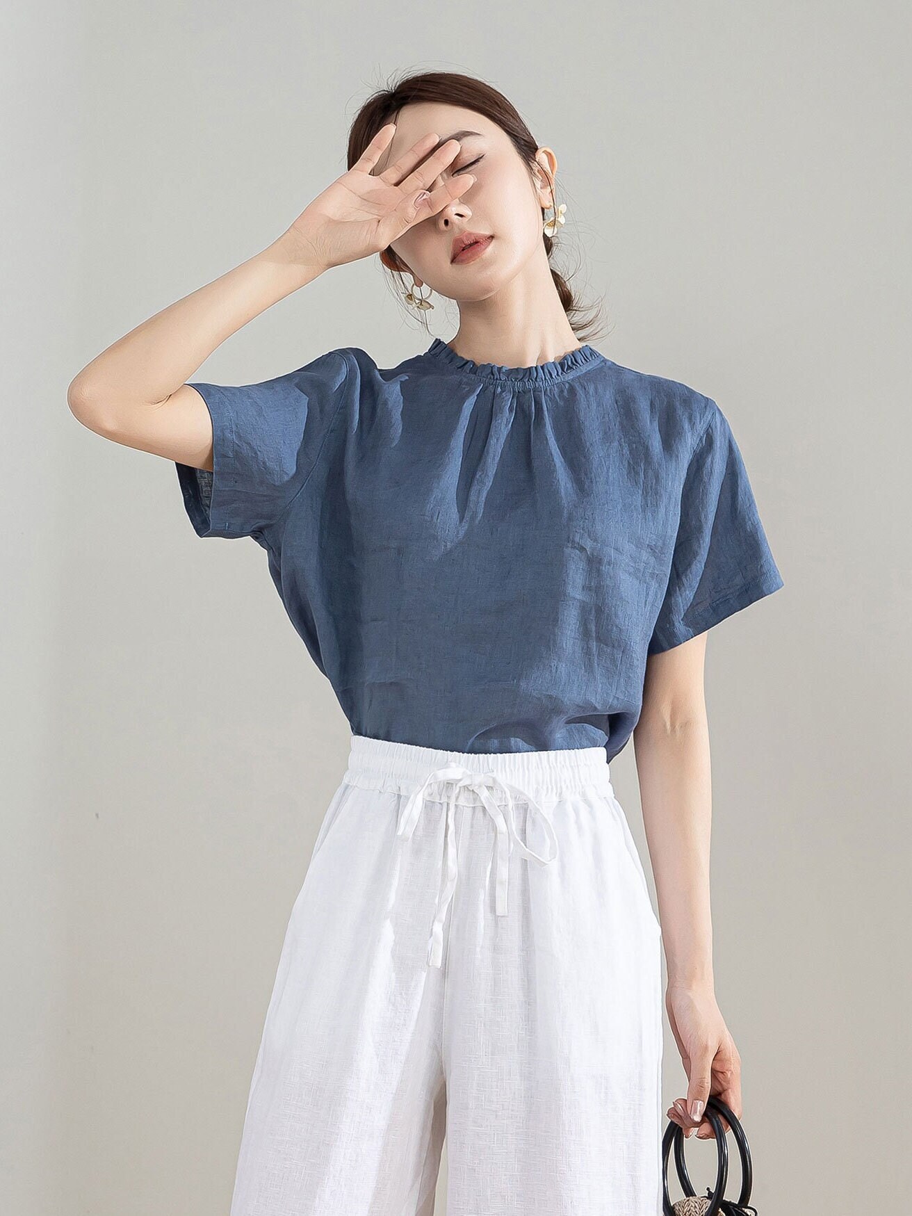 Blue Vintage Linen Tops Clothing, Retro Ruffle Crew Neck