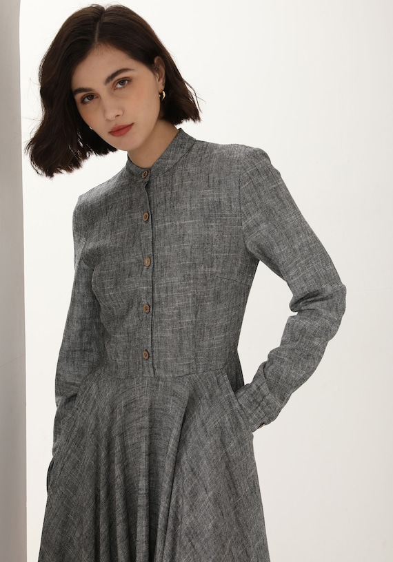 Linen Shirt Dress, Gray Linen Maxi Dress, Long Sleeve Linen