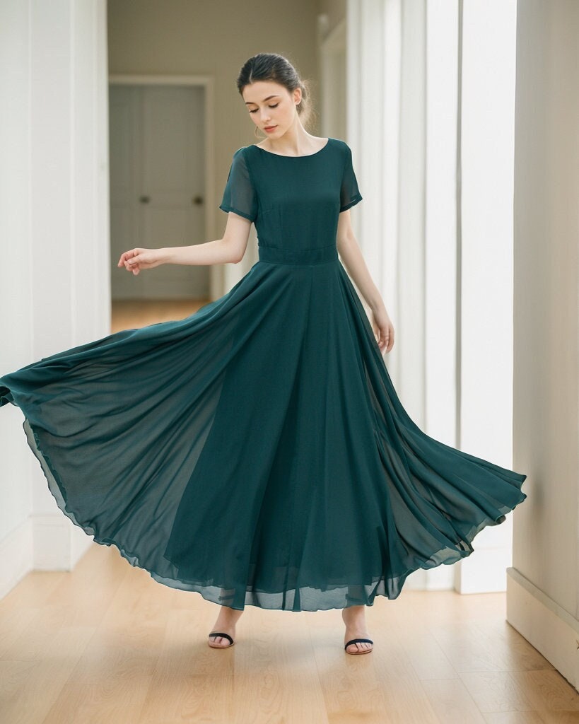 green chiffon dress amazon Summer Maxi Flare Prom Elegant green bridesmaid dress