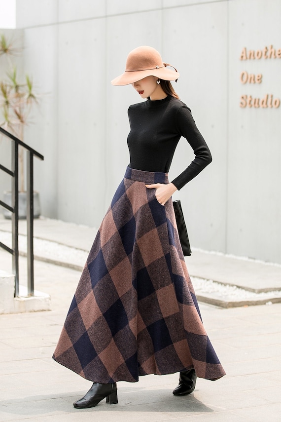 Vintage Inspired Plaid Wool Maxi Skirt, Winter Fall Long Wool Skirt Women,  Warm Skirt, A Line Wool Skirt With Pockets, Handmade Skirts 2837 