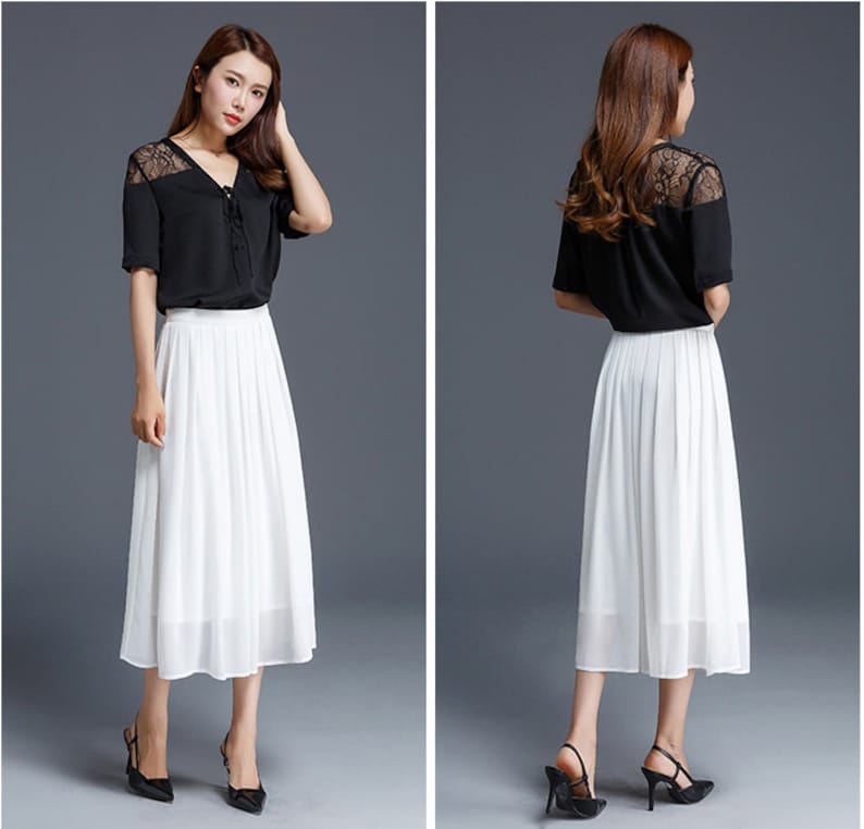 Women's White Chiffon Midi Skirt, Soft Pleated Chiffon Skirt, A Line Summer Skirt, High Waist Skirt, Daily/Travel/Party Handmade Skirt 2901 image 2