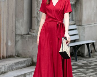 Red Linen Wrap Dress, Summer Linen Maxi Dress, Womens Dress, Long Linen Dress, Dress with Pockets, Short Sleeve Dress, Custom Dress 4425#