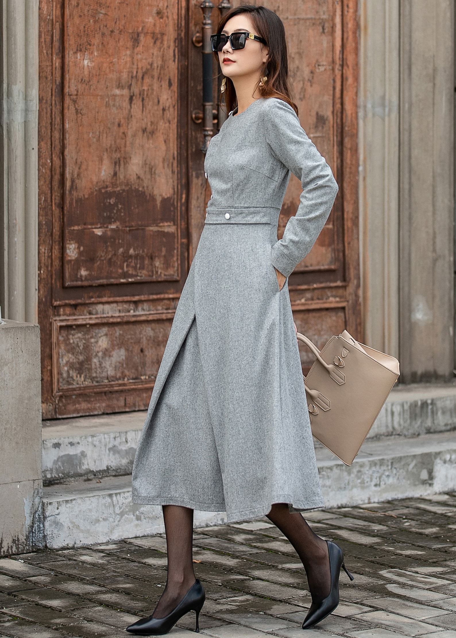 Wool Dress Gray Wool Midi Dress Long Wool Dress Aline Wool Etsy