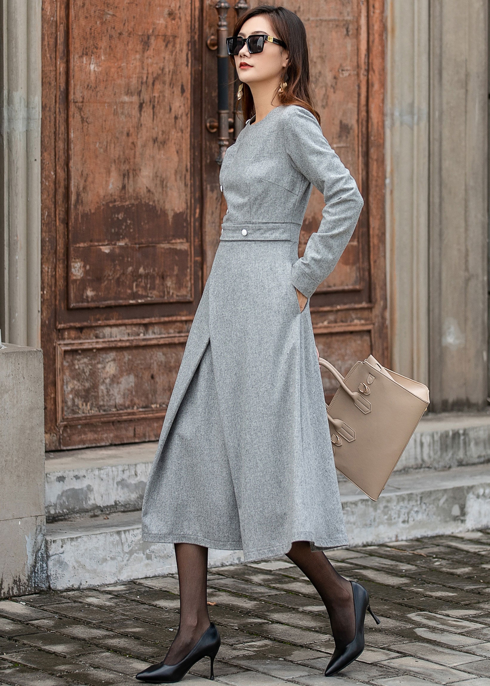 Wool Dress Gray Wool Midi Dress Long Wool Dress Aline Wool Etsy UK