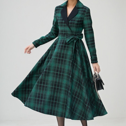 Plaid Wool Midi Dress: Fit & Flare Long Sleeve Swing Dress, Fall Autumn, Xiaolizi 5343 Plaid Wool Midi Dress: Fit & Flare Long Sleeve Swing Dress, Fall Autumn, Xiaolizi 5343