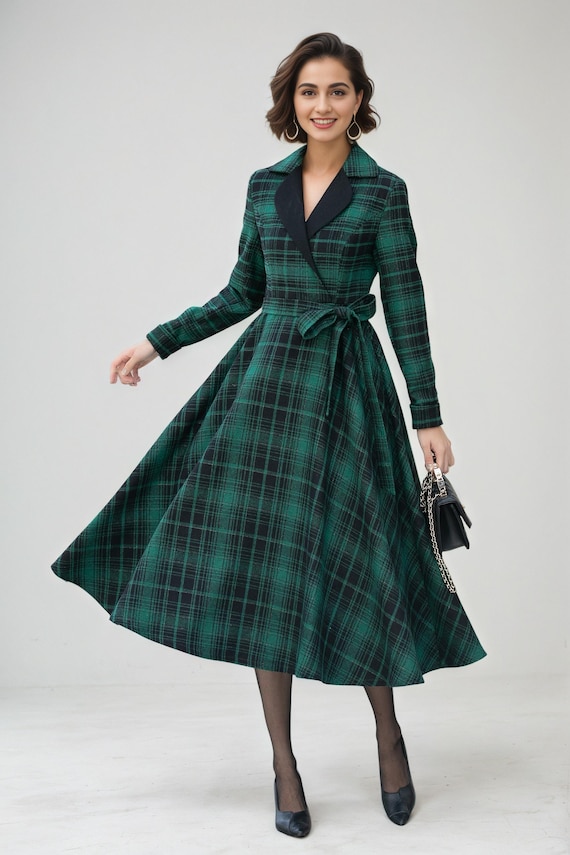 Plaid Wool Midi Dress: Fit & Flare Long Sleeve Swing Dress, Fall Plaid Wool Midi Dress: Fit & Flare Long Sleeve Swing Dress, Fall