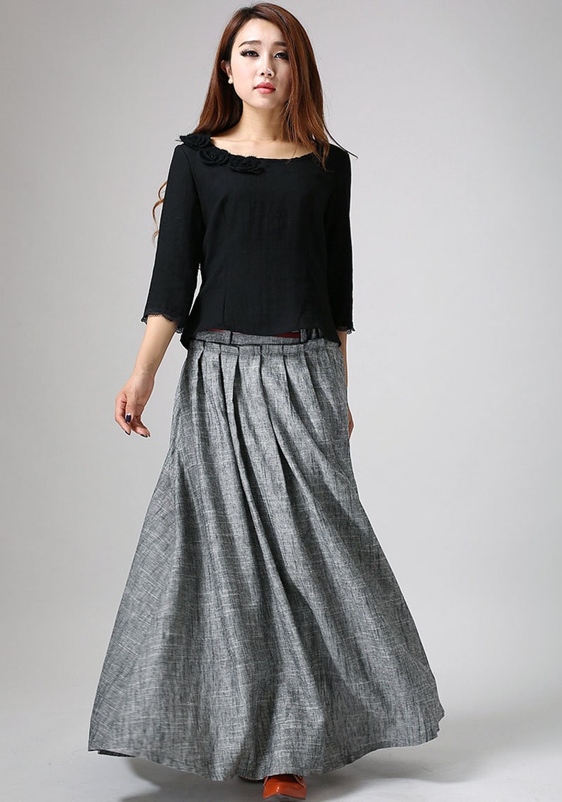 women linen maxi skirt, swing long pleated skirt, gray skirt, pockets skirt, casual skirt, xiaolizi 0911 image 2