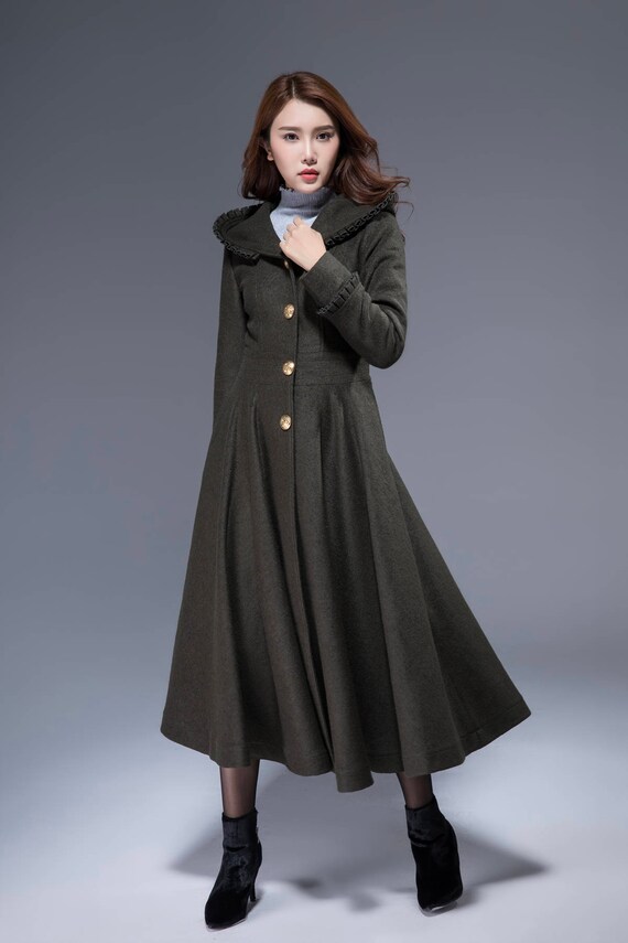 army green coat wool coat fit and flare coat ruffle coat Etsy